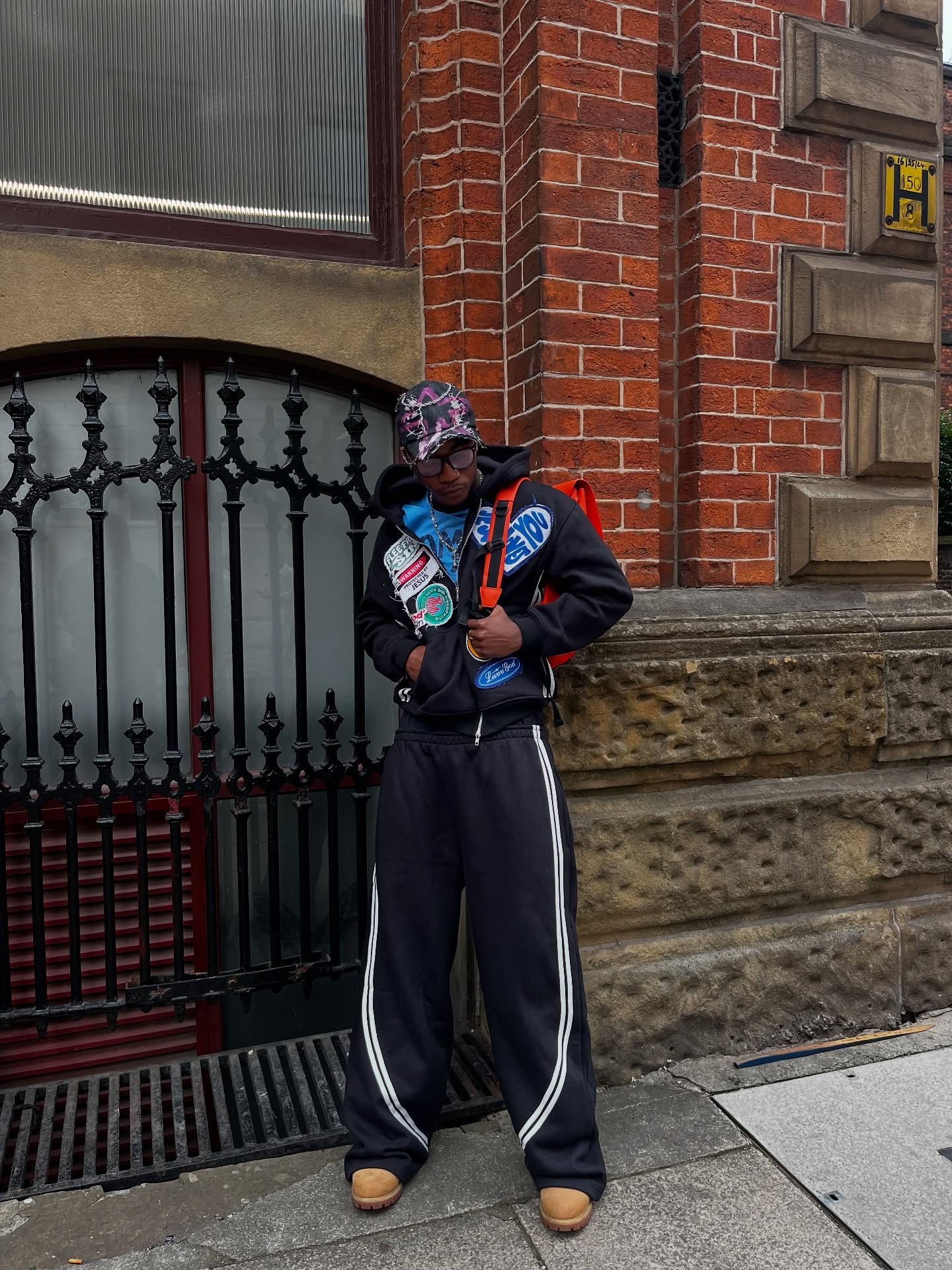 Patched Black Hoodie with Side-Stripe Pants